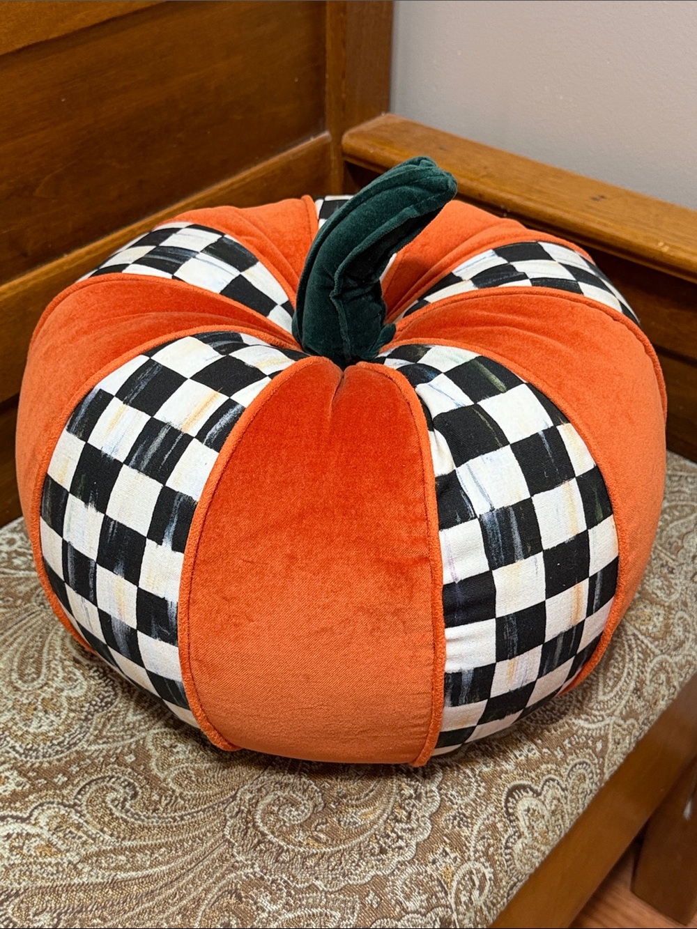 MacKenzie-Childs Courtly Check Pumpkin Pillow Cotton and Velvet